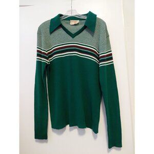 Vintage Montgomery Ward Sweater Pullover V-Neck Collared Striped Green XL